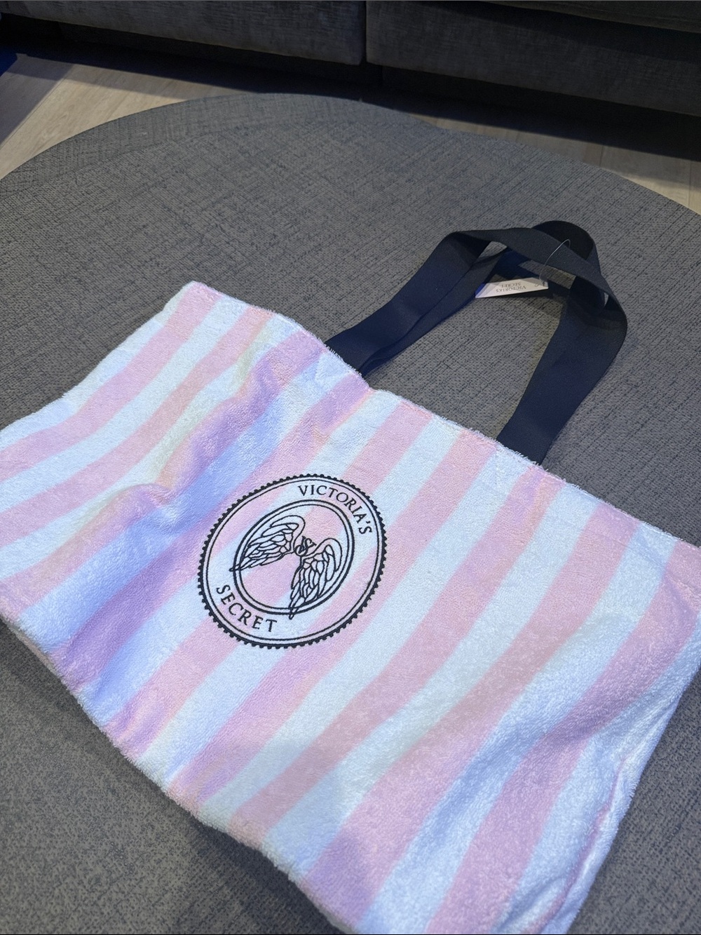 Victoria's Secret Pink and White Striped Logo Tote with Black Handles